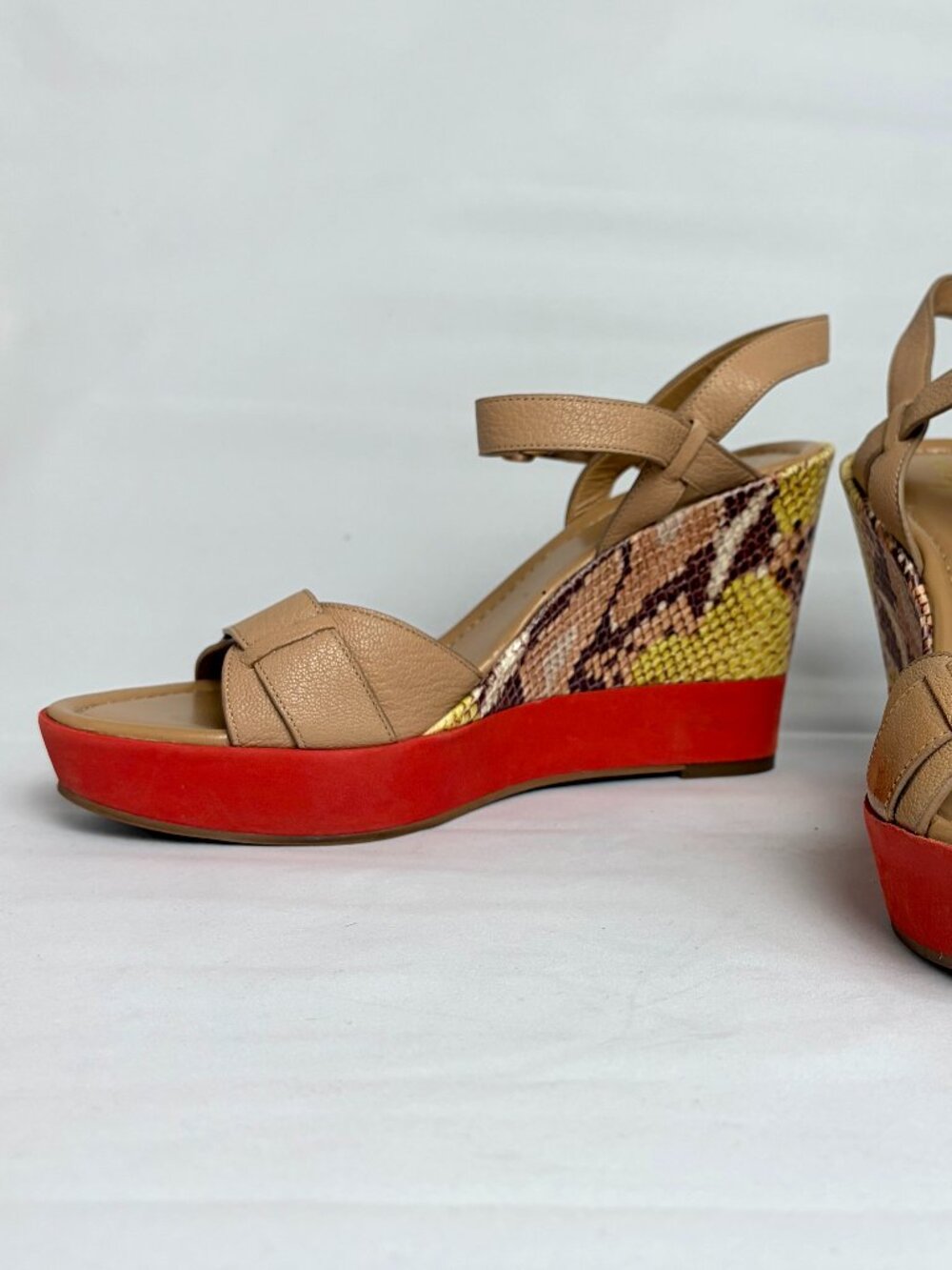 Snakeskin color block platform wedge sandals from Cole Haan
